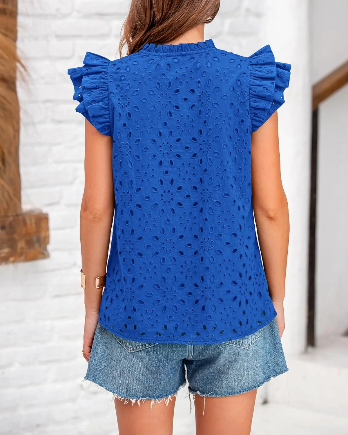 BTFBM Women Summer Eyelet Tops Dressy Casual V Neck Ruffle Cap Sleeve Cotton Boho Shirts Lace Embroidered Blouses 2025