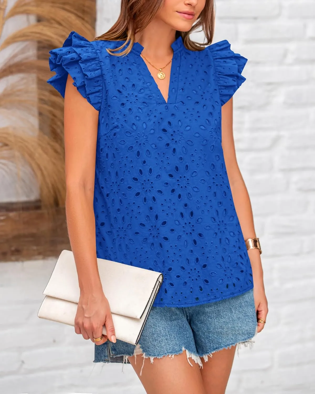 BTFBM Women Summer Eyelet Tops Dressy Casual V Neck Ruffle Cap Sleeve Cotton Boho Shirts Lace Embroidered Blouses 2025