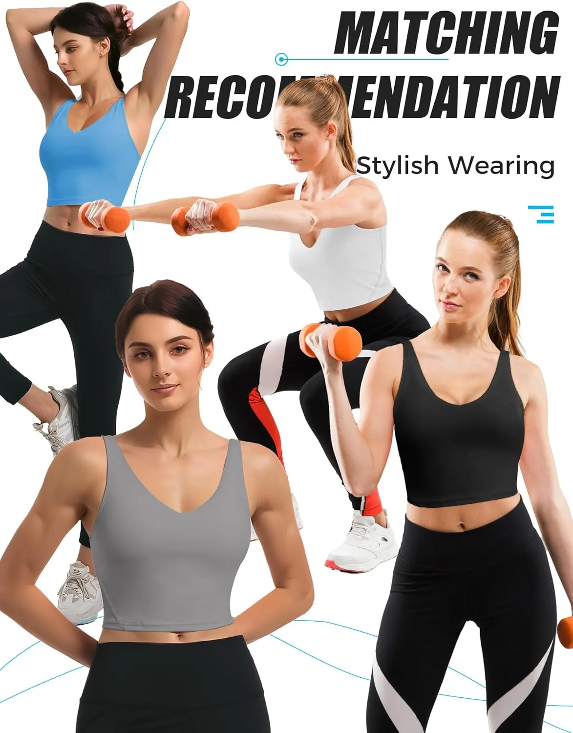 Buauty Sports Bras for Women Longline Wirefree Padded High Support, Workout Tank Crop Tops Built in Bra for Women