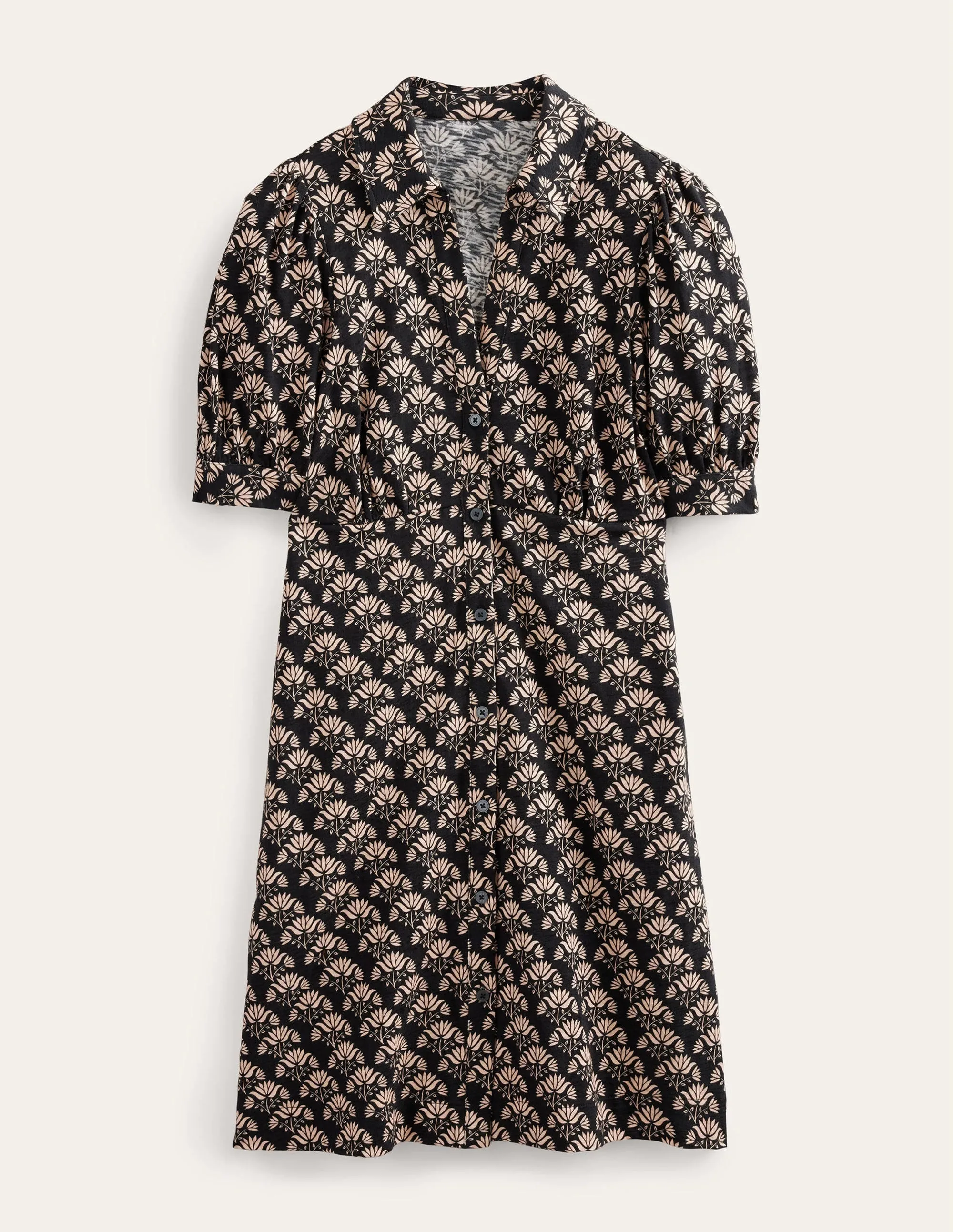 Button Jersey Mini Tea Dress-Black, Passion Stamp