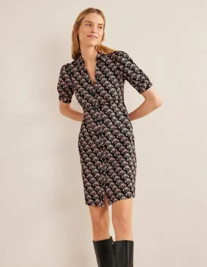 Button Jersey Mini Tea Dress-Black, Passion Stamp