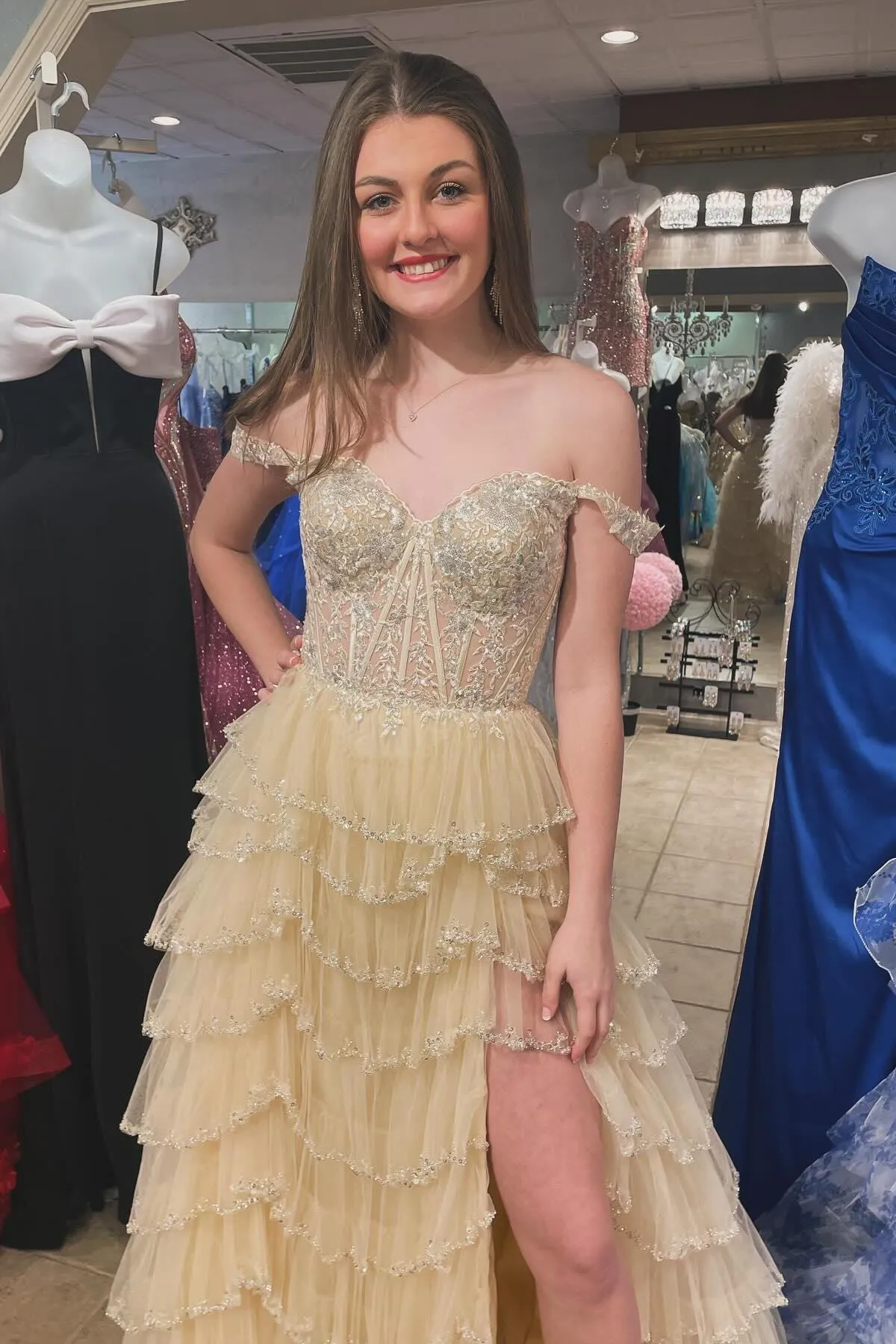 Champagne Floral Layers Sequined Long Prom Dresses