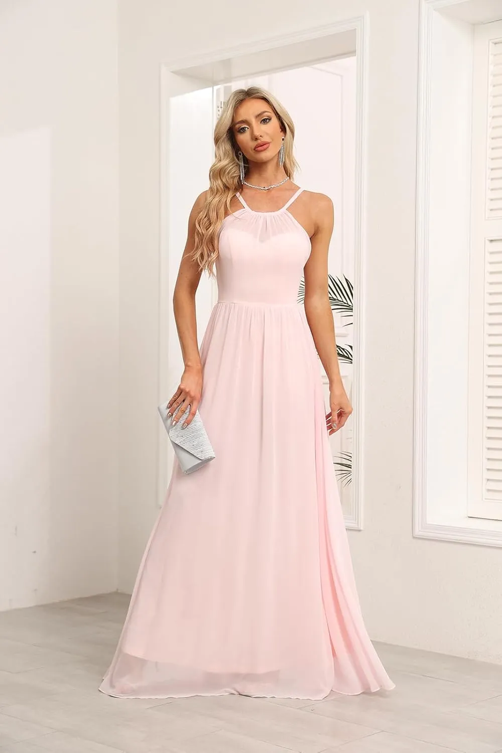 Chiffon Halter Bridesmaid Dresses for Wedding 2024 Long A Line Formal Evening Prom Party Gown