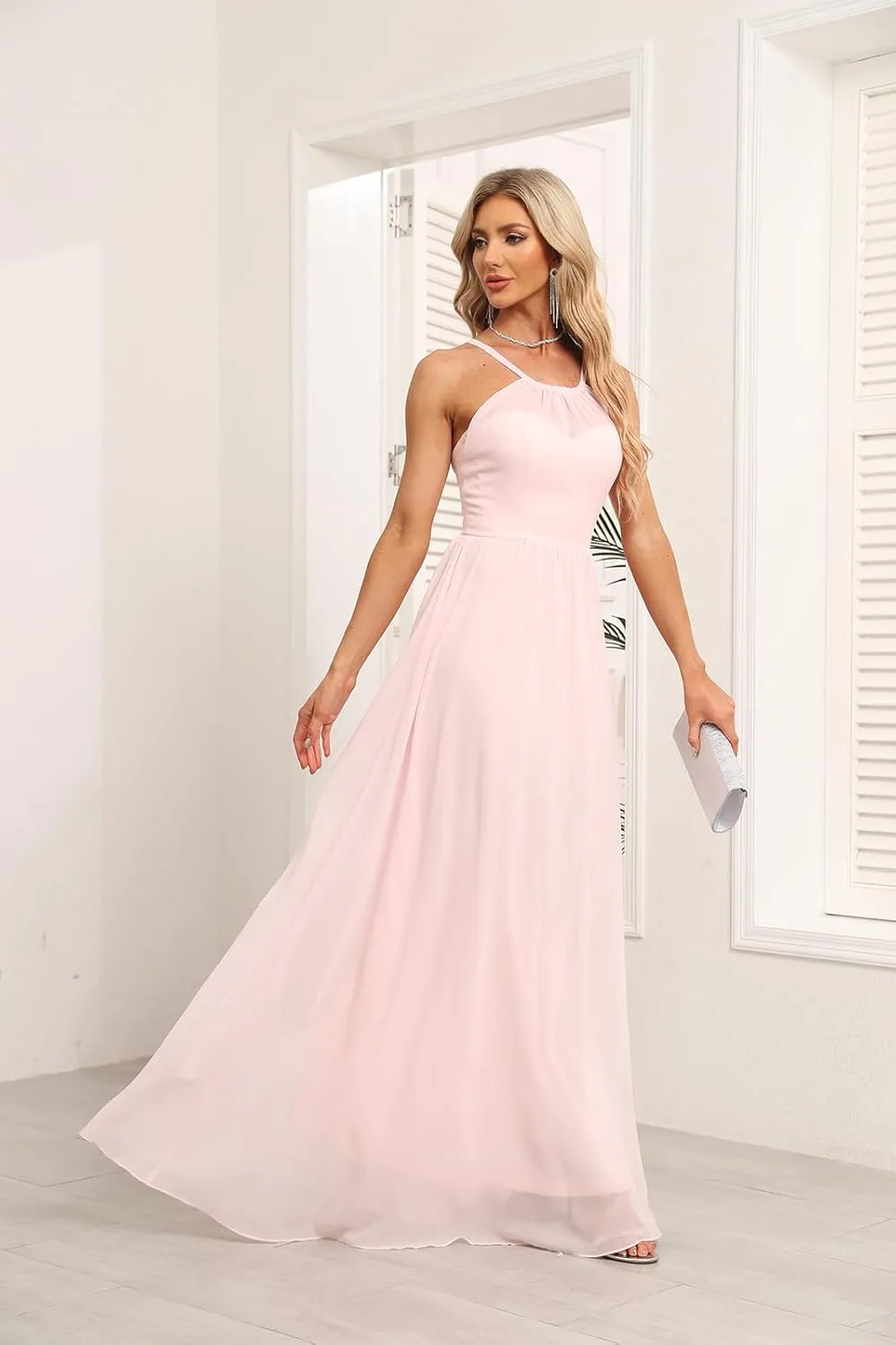 Chiffon Halter Bridesmaid Dresses for Wedding 2024 Long A Line Formal Evening Prom Party Gown
