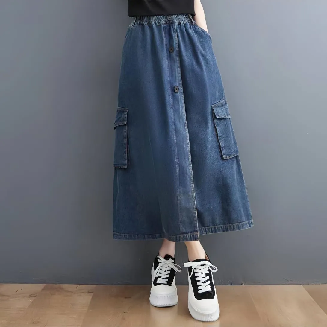 chouyatou Women's Casual Vintage Distressed Jean Skirt Elastic High Waisted A Line Midi Flare Denim Skirt