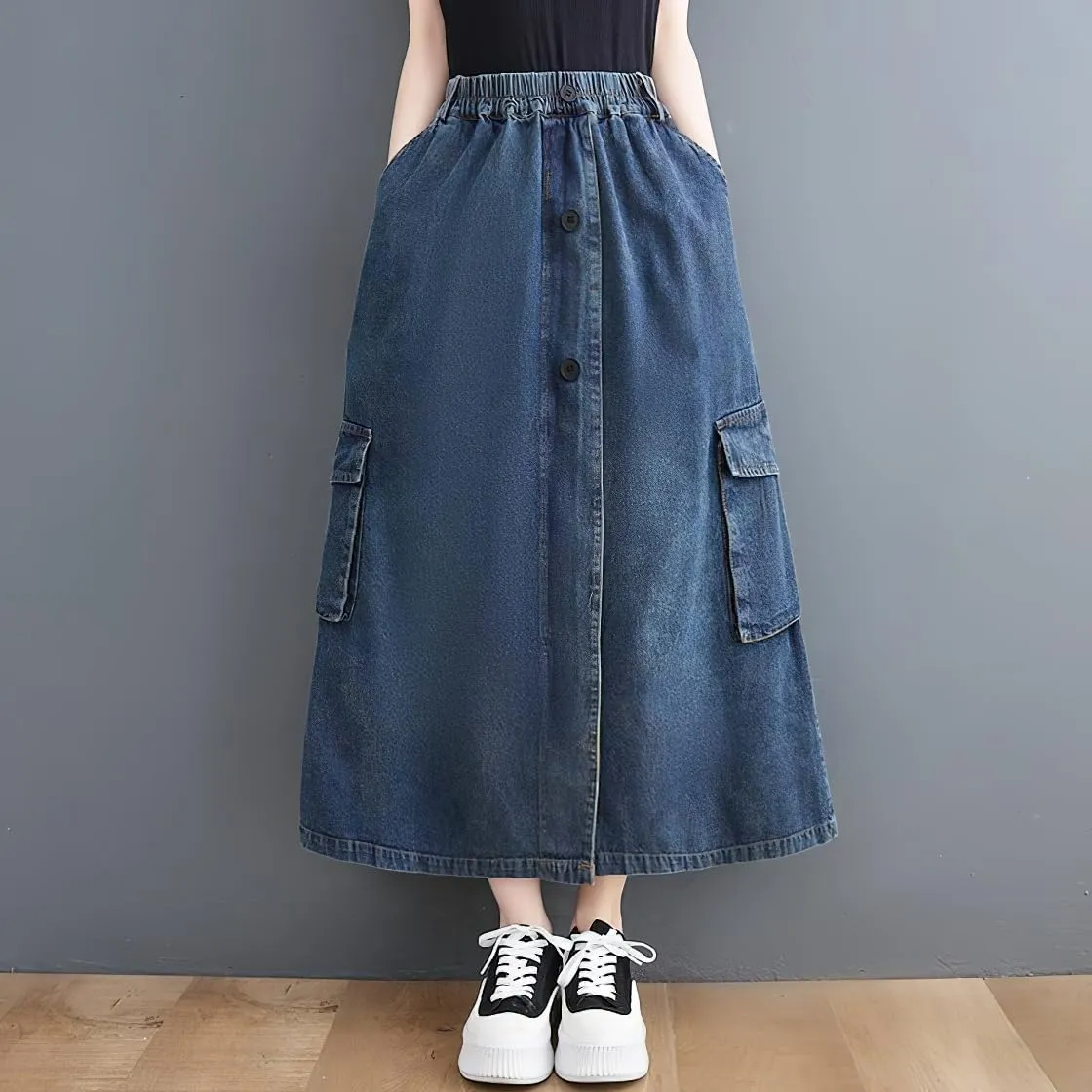 chouyatou Women's Casual Vintage Distressed Jean Skirt Elastic High Waisted A Line Midi Flare Denim Skirt