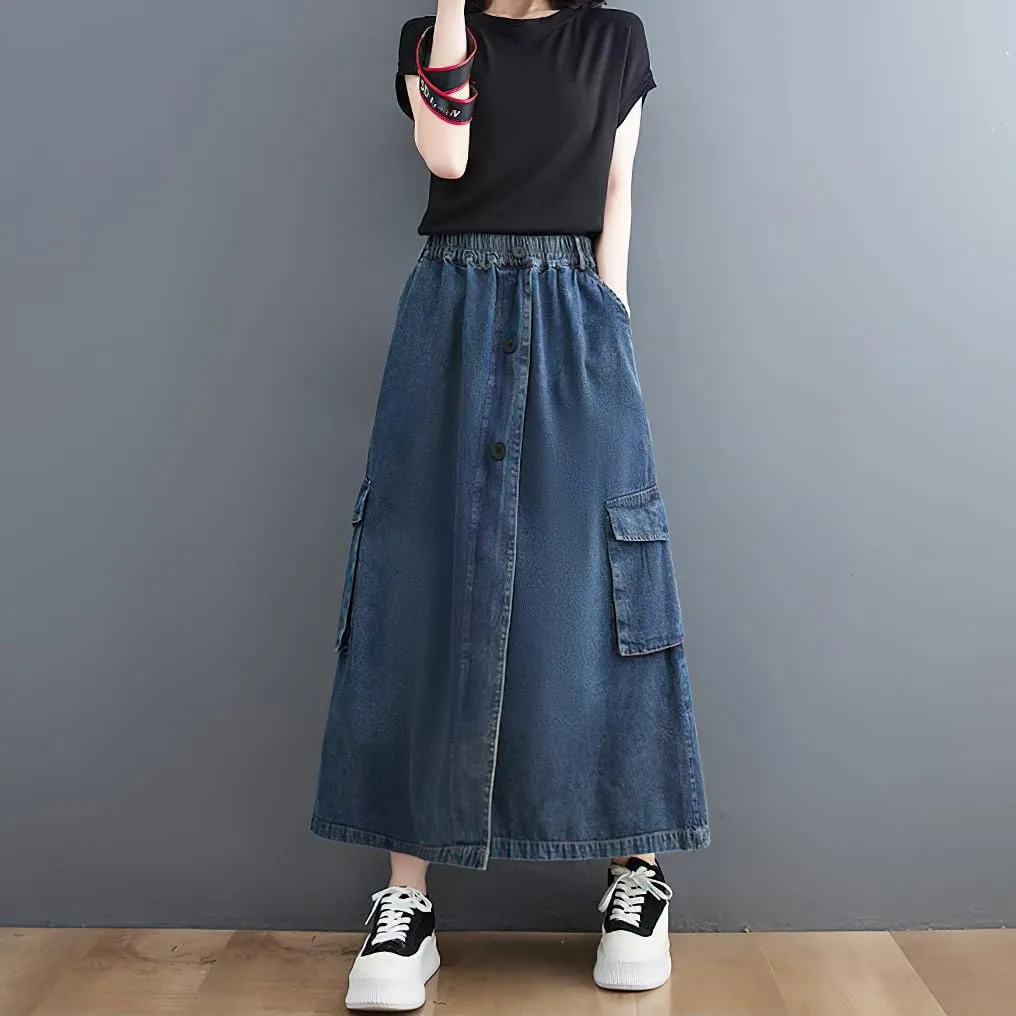 chouyatou Women's Casual Vintage Distressed Jean Skirt Elastic High Waisted A Line Midi Flare Denim Skirt