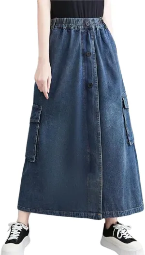 chouyatou Women's Casual Vintage Distressed Jean Skirt Elastic High Waisted A Line Midi Flare Denim Skirt