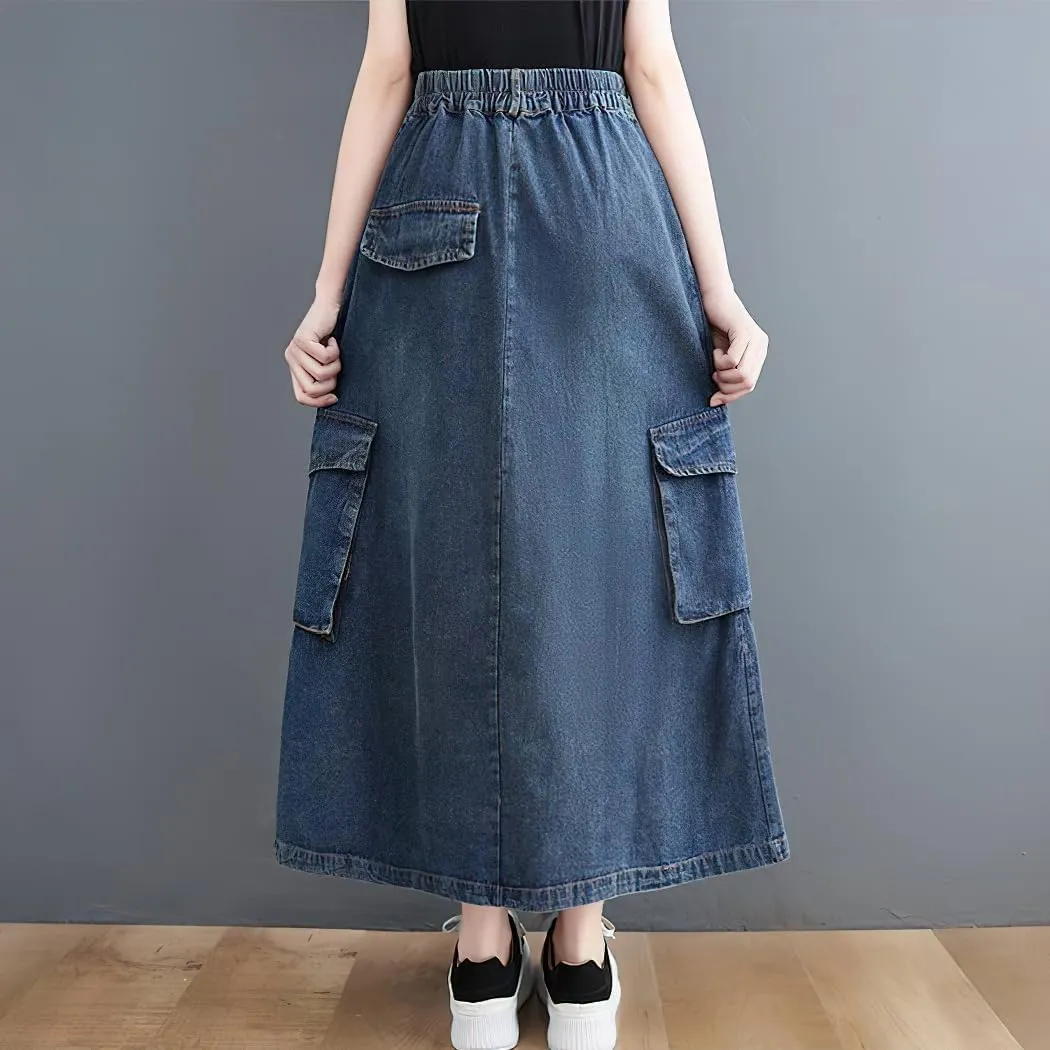 chouyatou Women's Casual Vintage Distressed Jean Skirt Elastic High Waisted A Line Midi Flare Denim Skirt