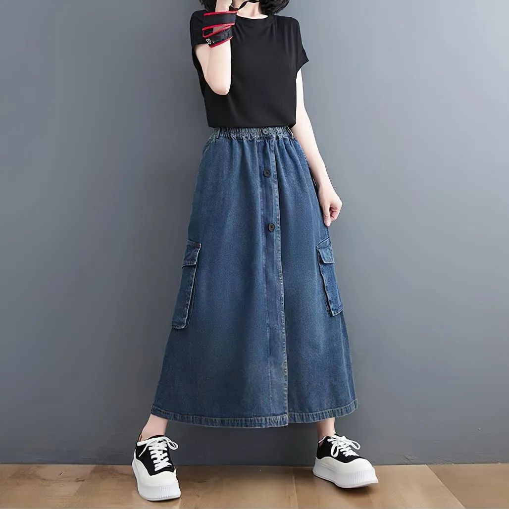 chouyatou Women's Casual Vintage Distressed Jean Skirt Elastic High Waisted A Line Midi Flare Denim Skirt