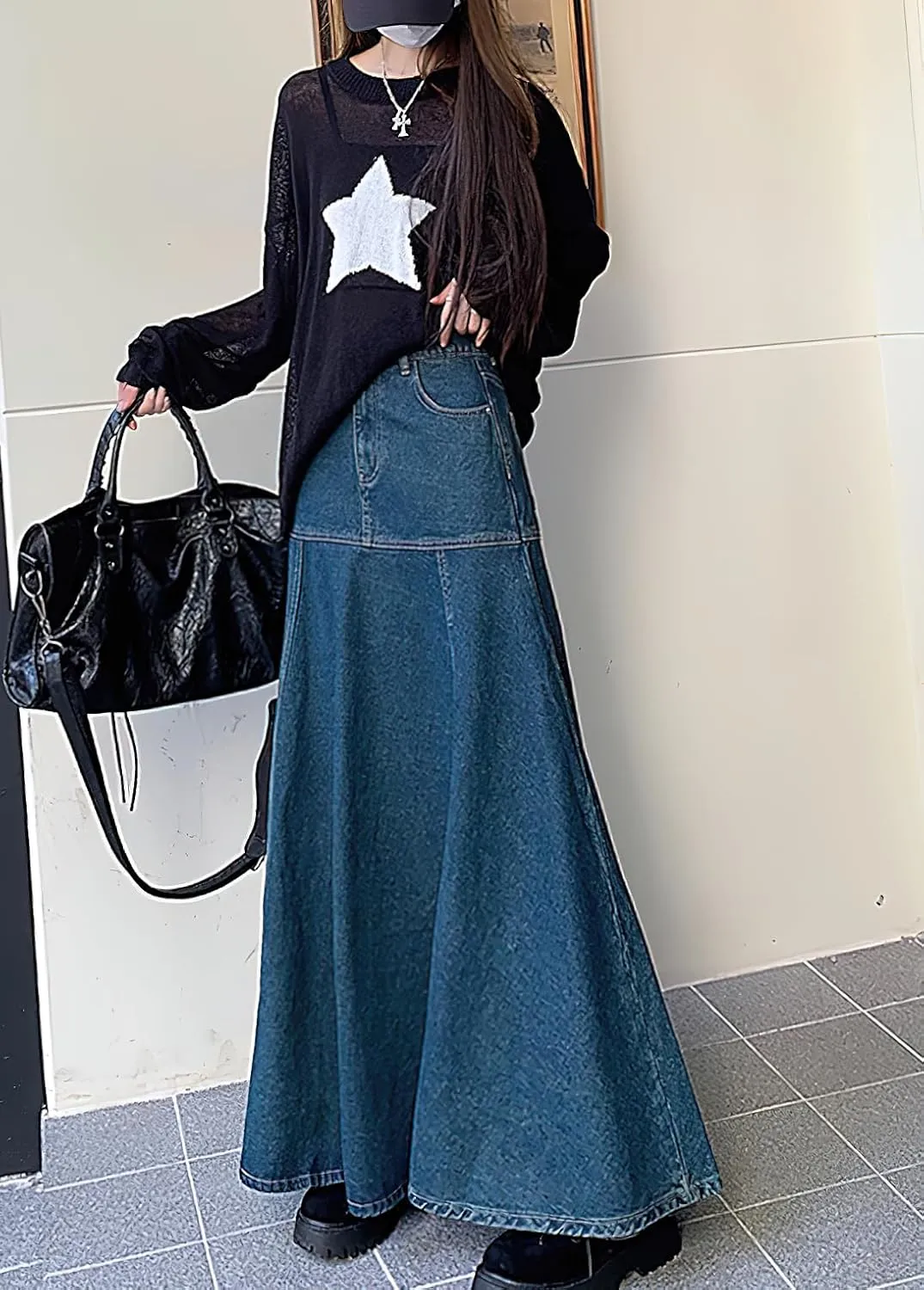 chouyatou Women's Summer Casual A-Line Flared High Waist Long Jean Skirt Pleated Fishtail Maxi Denim Skirt