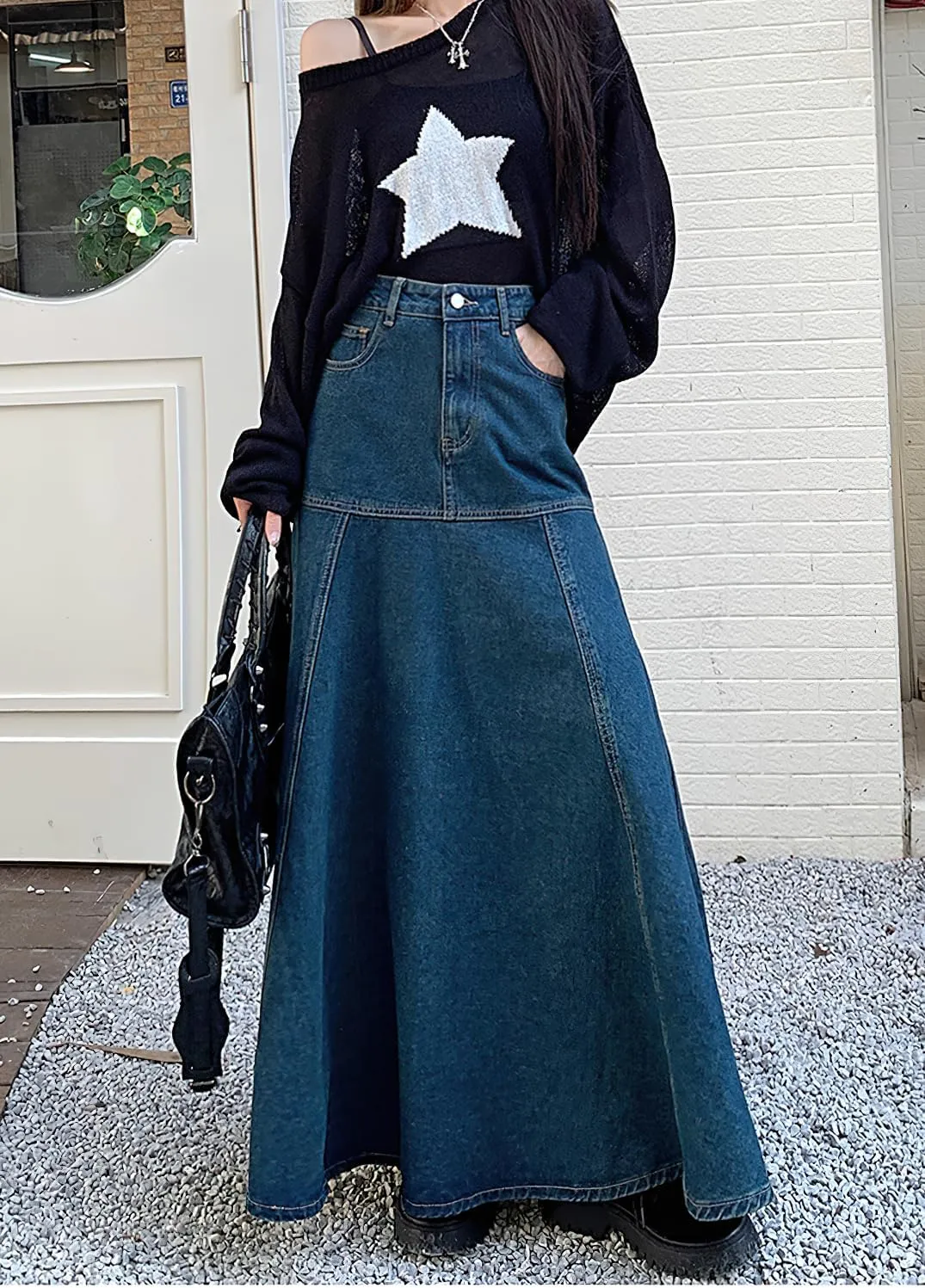 chouyatou Women's Summer Casual A-Line Flared High Waist Long Jean Skirt Pleated Fishtail Maxi Denim Skirt