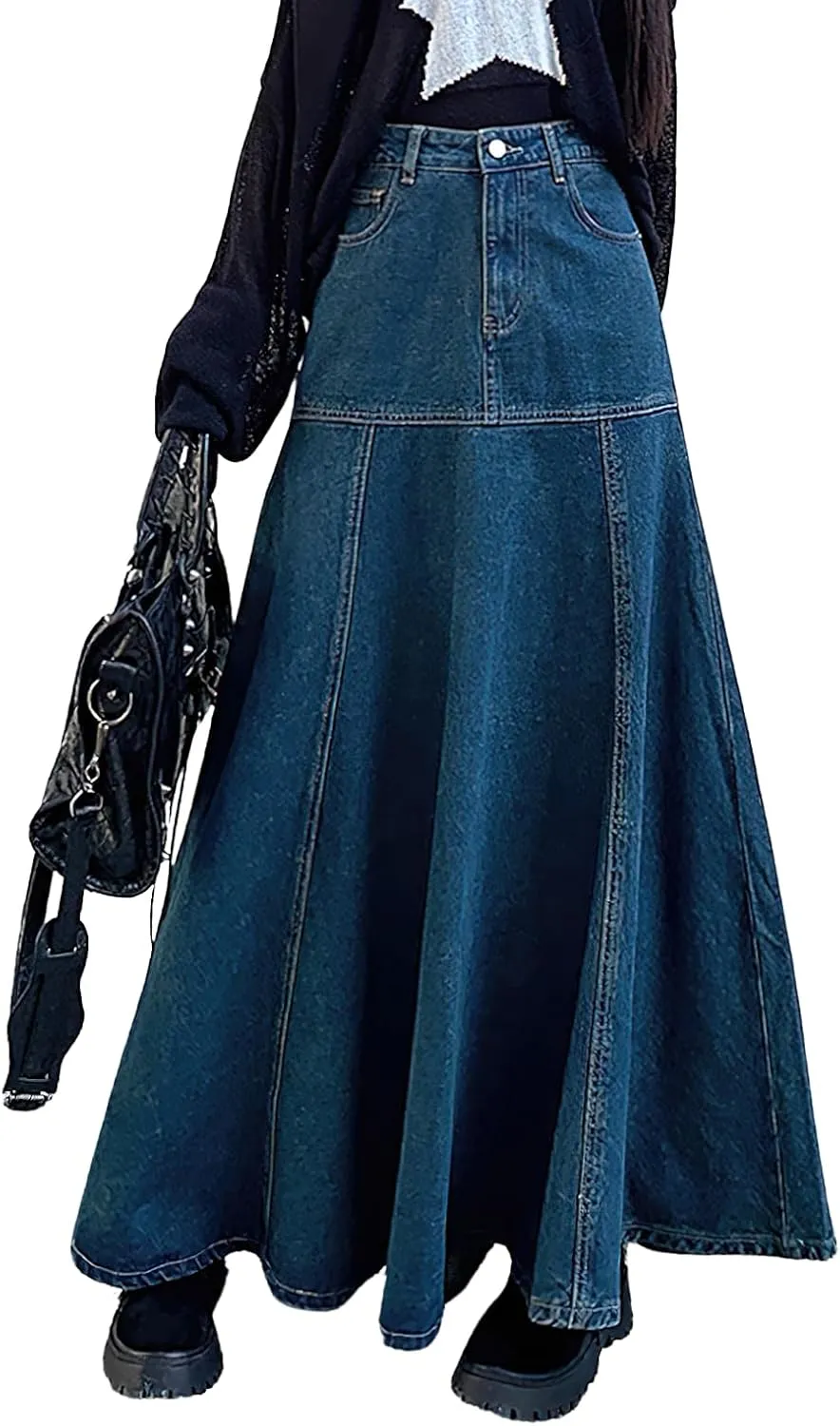 chouyatou Women's Summer Casual A-Line Flared High Waist Long Jean Skirt Pleated Fishtail Maxi Denim Skirt