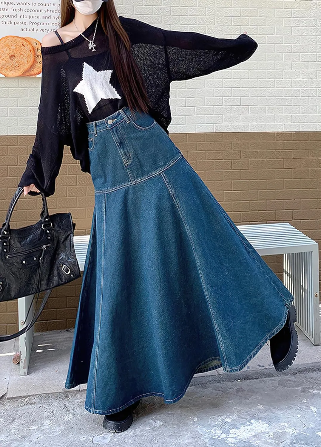 chouyatou Women's Summer Casual A-Line Flared High Waist Long Jean Skirt Pleated Fishtail Maxi Denim Skirt