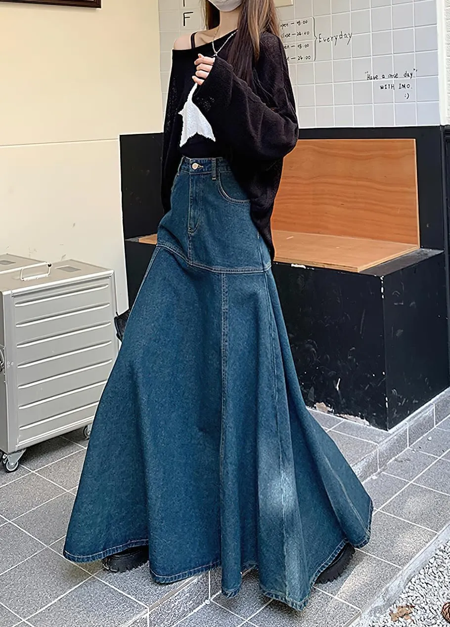 chouyatou Women's Summer Casual A-Line Flared High Waist Long Jean Skirt Pleated Fishtail Maxi Denim Skirt