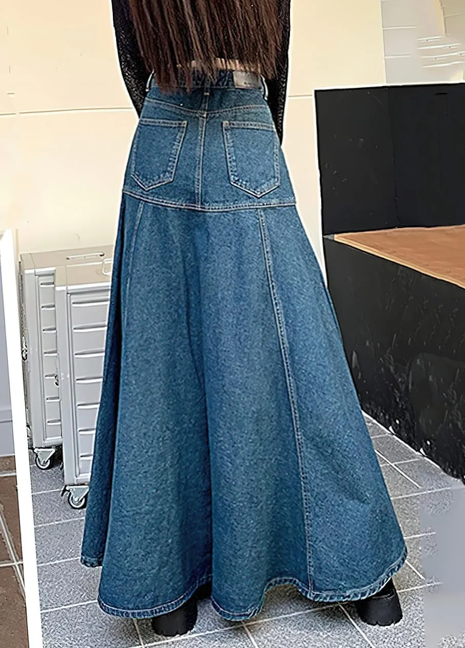 chouyatou Women's Summer Casual A-Line Flared High Waist Long Jean Skirt Pleated Fishtail Maxi Denim Skirt