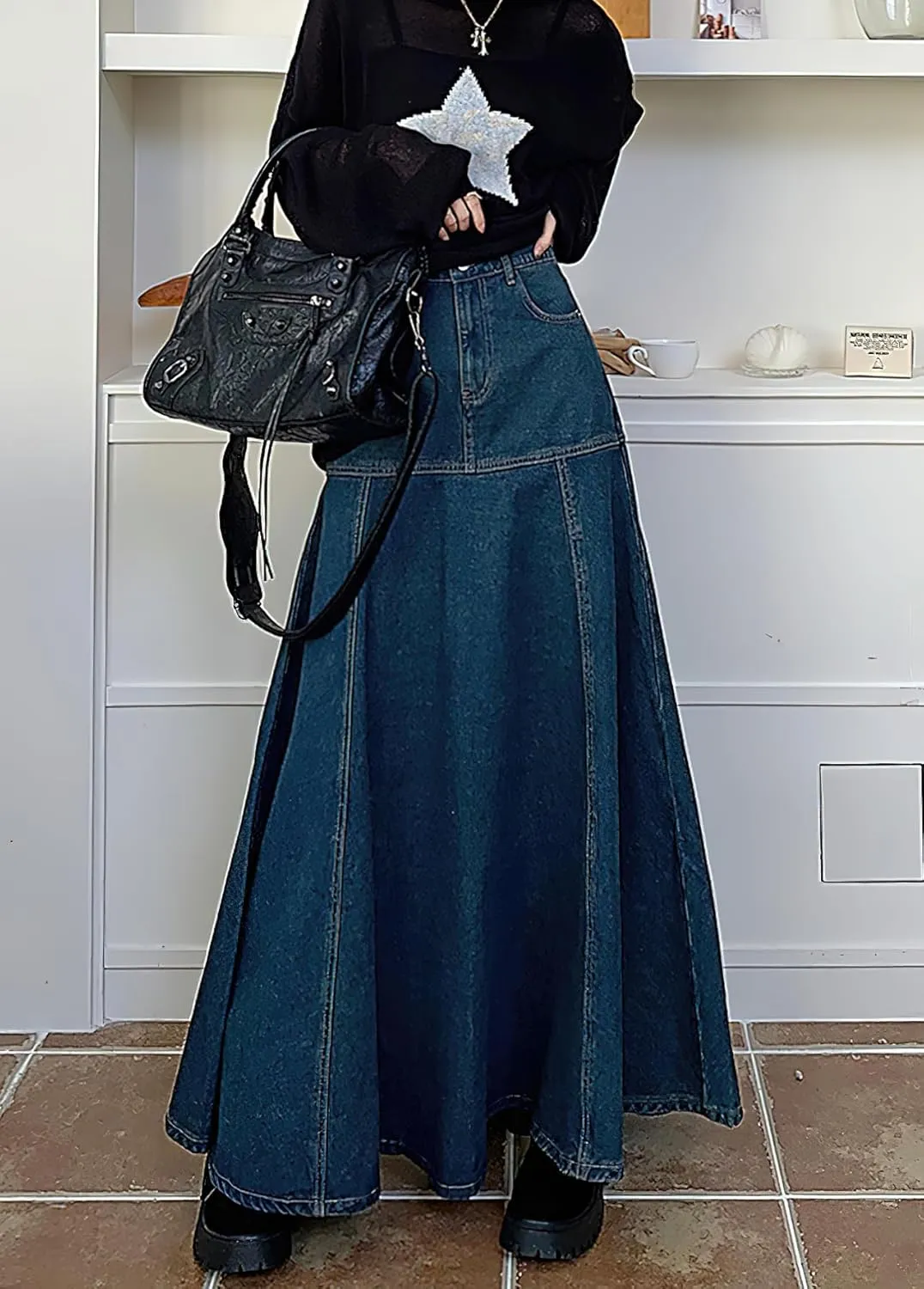 chouyatou Women's Summer Casual A-Line Flared High Waist Long Jean Skirt Pleated Fishtail Maxi Denim Skirt