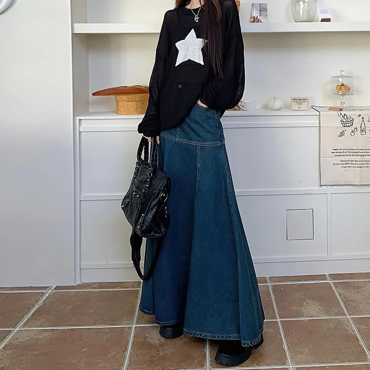 chouyatou Women's Summer Casual A-Line Flared High Waist Long Jean Skirt Pleated Fishtail Maxi Denim Skirt