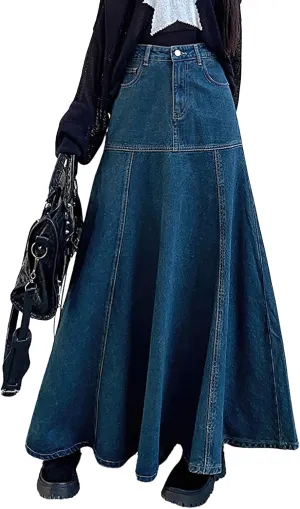 chouyatou Women's Summer Casual A-Line Flared High Waist Long Jean Skirt Pleated Fishtail Maxi Denim Skirt