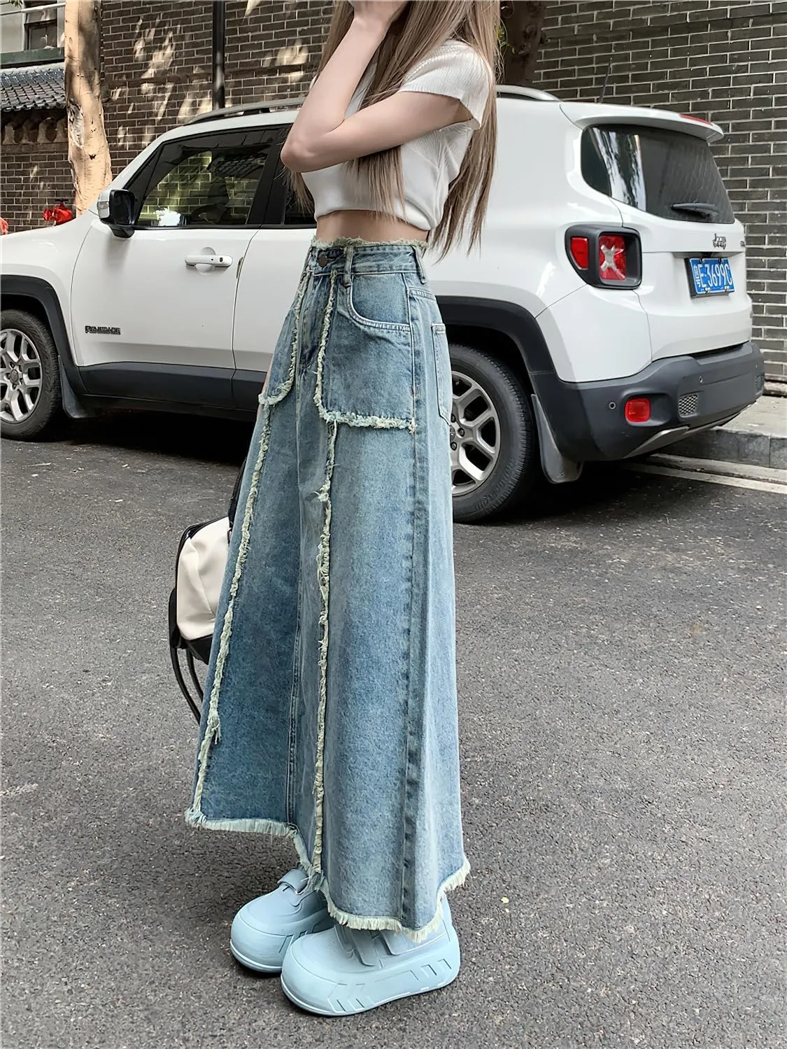chouyatou Women's Summer Casual Flared High Waist Long Jean Skirt A-Line Maxi Frayed Denim Skirt