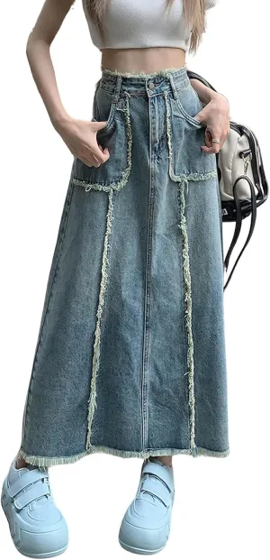 chouyatou Women's Summer Casual Flared High Waist Long Jean Skirt A-Line Maxi Frayed Denim Skirt