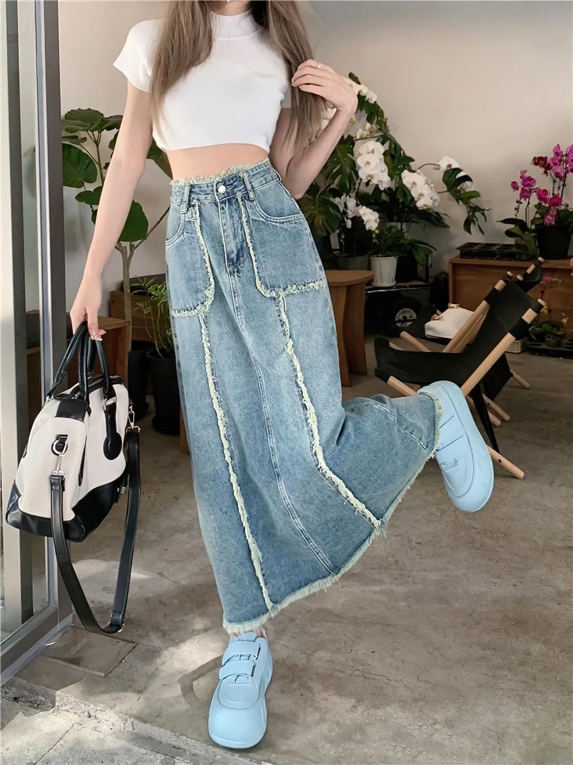 chouyatou Women's Summer Casual Flared High Waist Long Jean Skirt A-Line Maxi Frayed Denim Skirt