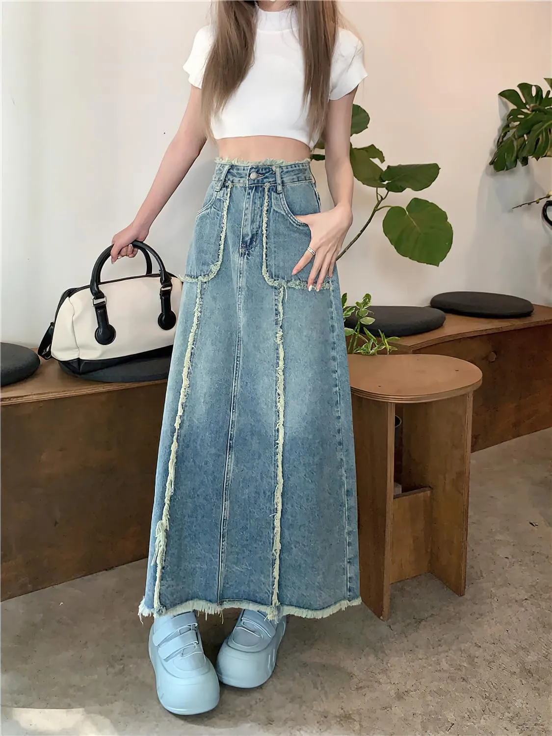 chouyatou Women's Summer Casual Flared High Waist Long Jean Skirt A-Line Maxi Frayed Denim Skirt