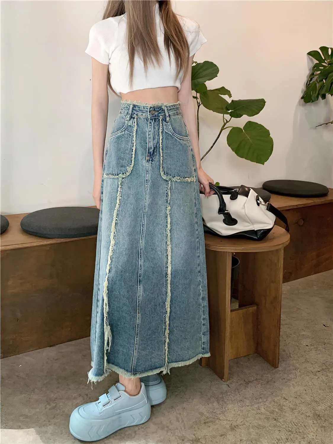 chouyatou Women's Summer Casual Flared High Waist Long Jean Skirt A-Line Maxi Frayed Denim Skirt
