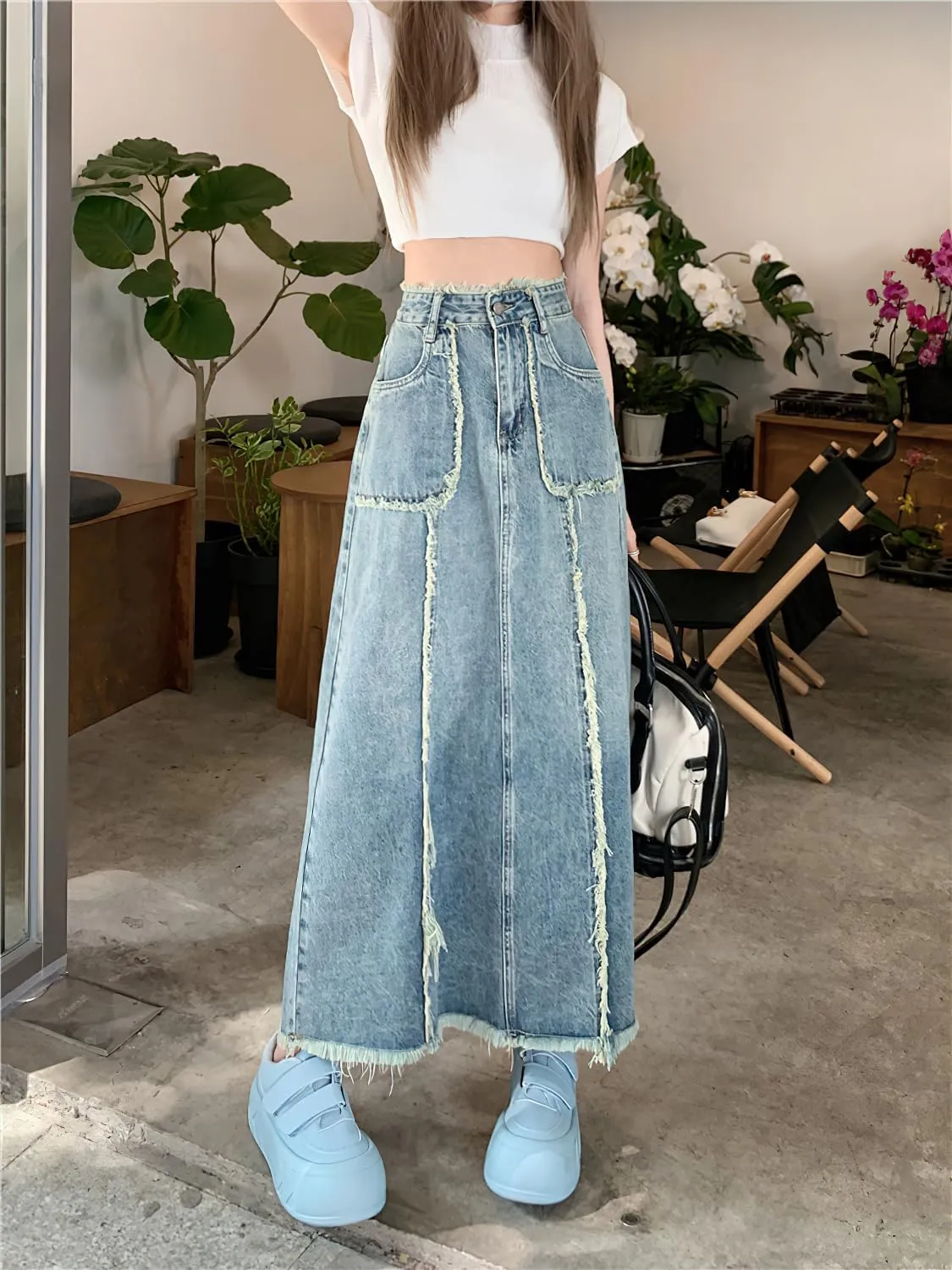 chouyatou Women's Summer Casual Flared High Waist Long Jean Skirt A-Line Maxi Frayed Denim Skirt