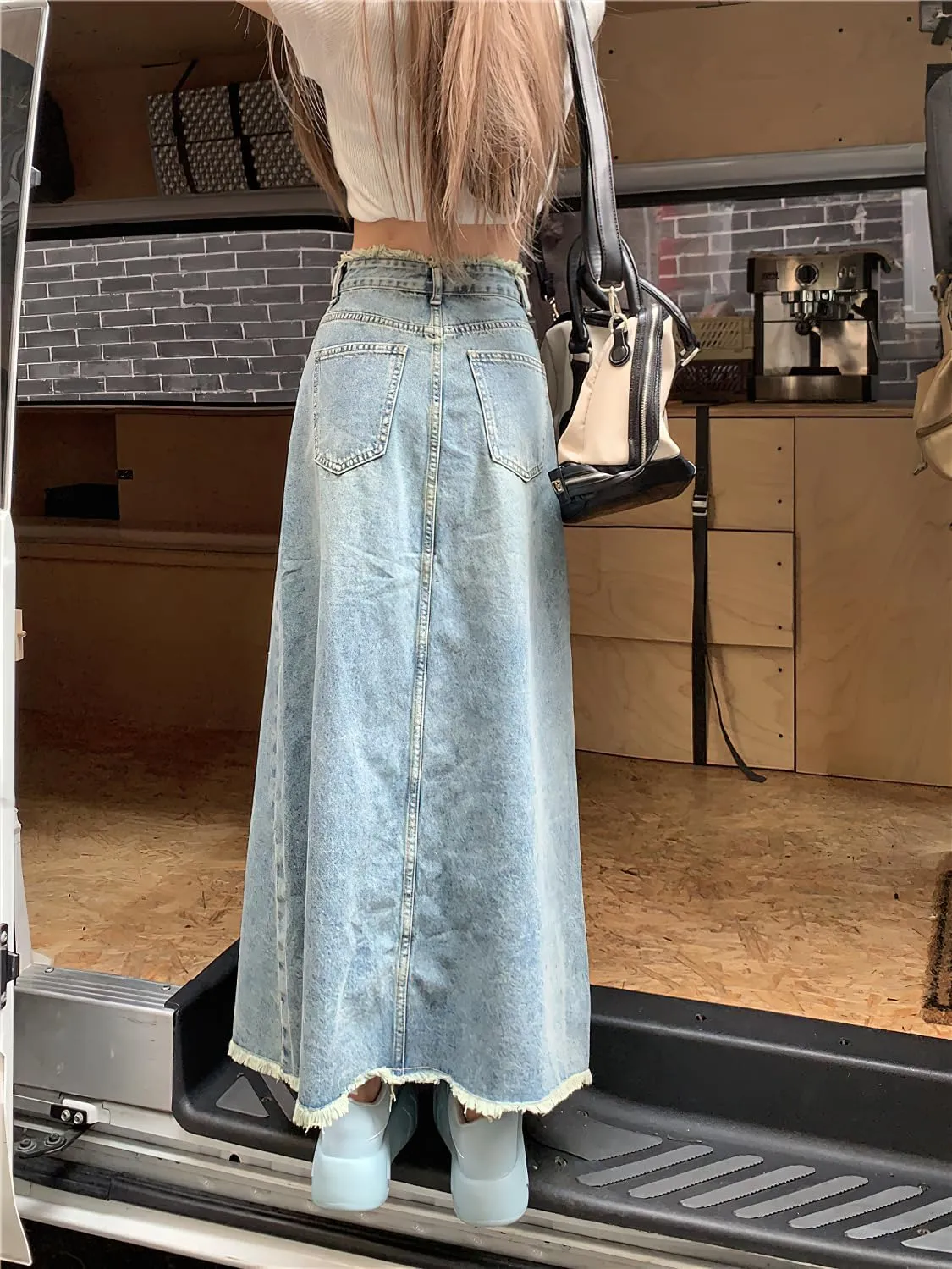 chouyatou Women's Summer Casual Flared High Waist Long Jean Skirt A-Line Maxi Frayed Denim Skirt