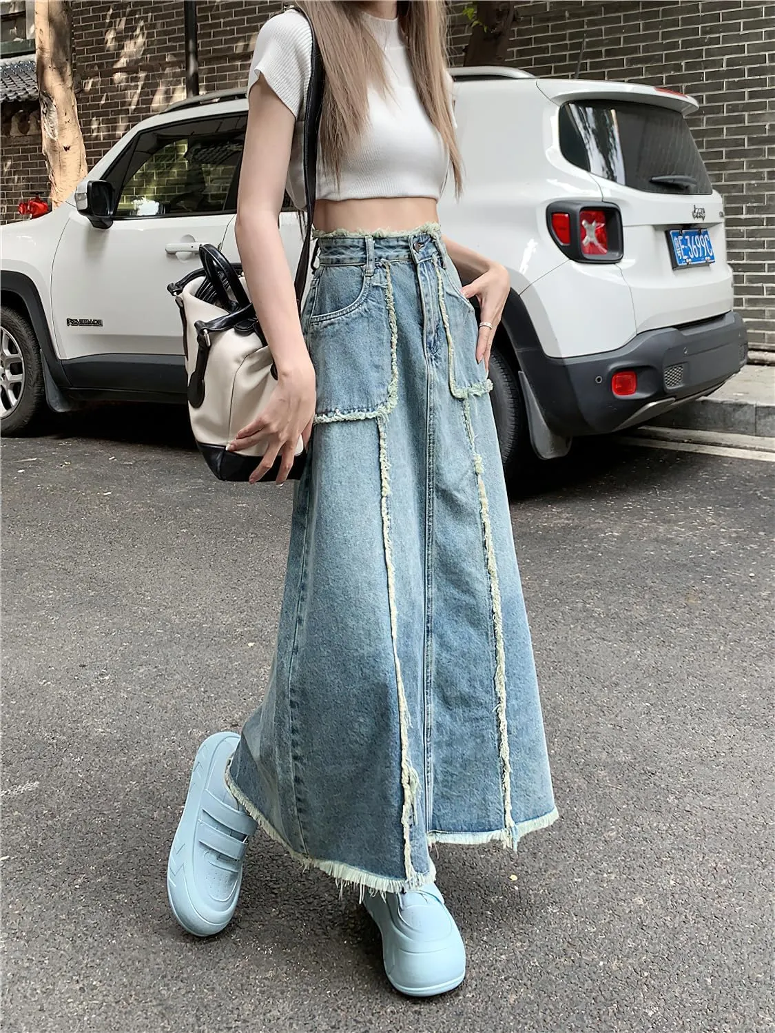 chouyatou Women's Summer Casual Flared High Waist Long Jean Skirt A-Line Maxi Frayed Denim Skirt