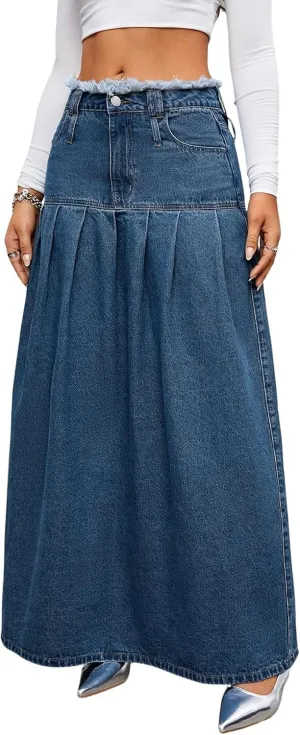 chouyatou Women's Summer Casual Flared High Waist Long Jean Skirt Pleated A-Line Maxi Denim Skirt