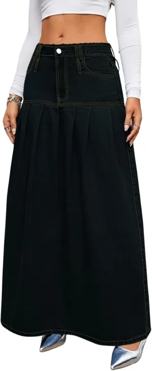 chouyatou Women's Summer Casual Flared High Waist Long Jean Skirt Pleated A-Line Maxi Denim Skirt