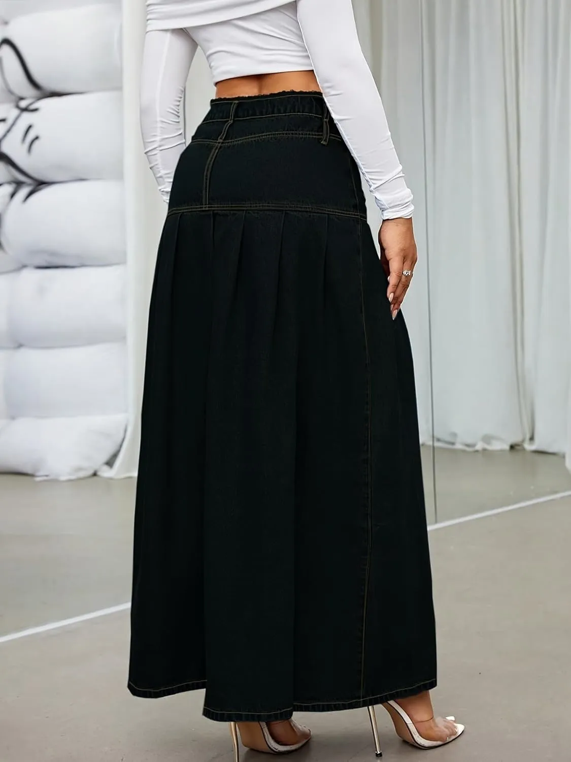 chouyatou Women's Summer Casual Flared High Waist Long Jean Skirt Pleated A-Line Maxi Denim Skirt
