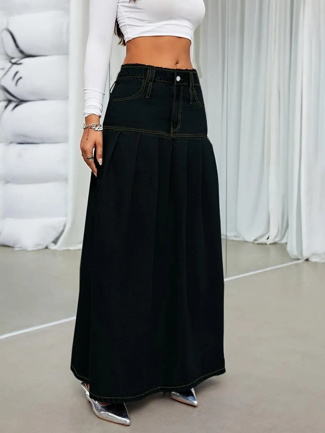 chouyatou Women's Summer Casual Flared High Waist Long Jean Skirt Pleated A-Line Maxi Denim Skirt