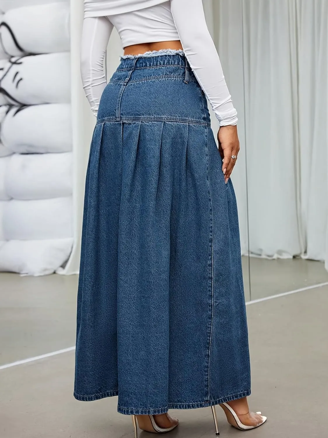 chouyatou Women's Summer Casual Flared High Waist Long Jean Skirt Pleated A-Line Maxi Denim Skirt
