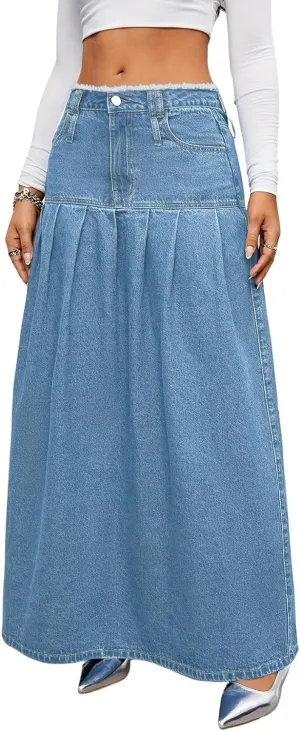 chouyatou Women's Summer Casual Flared High Waist Long Jean Skirt Pleated A-Line Maxi Denim Skirt