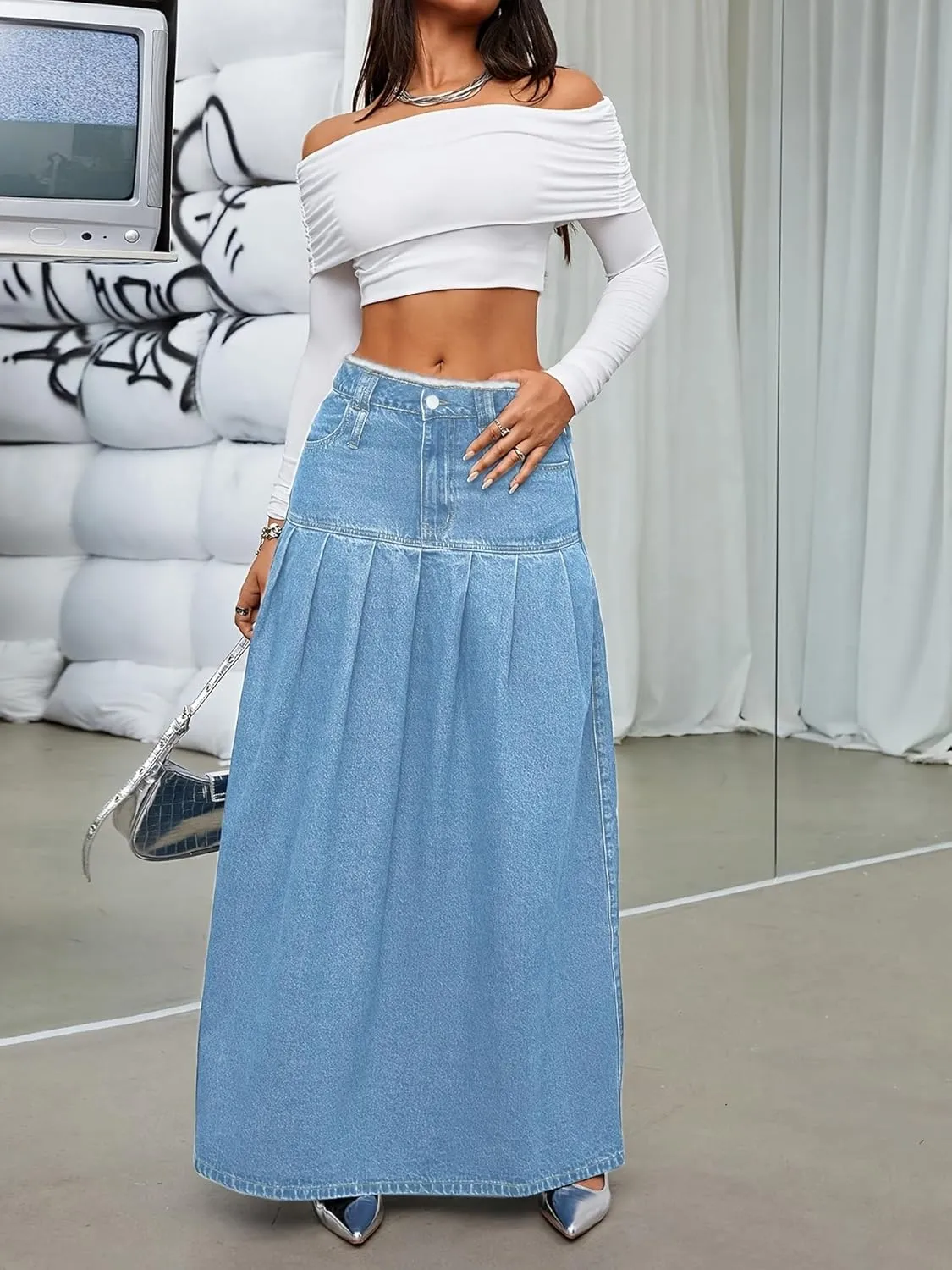 chouyatou Women's Summer Casual Flared High Waist Long Jean Skirt Pleated A-Line Maxi Denim Skirt