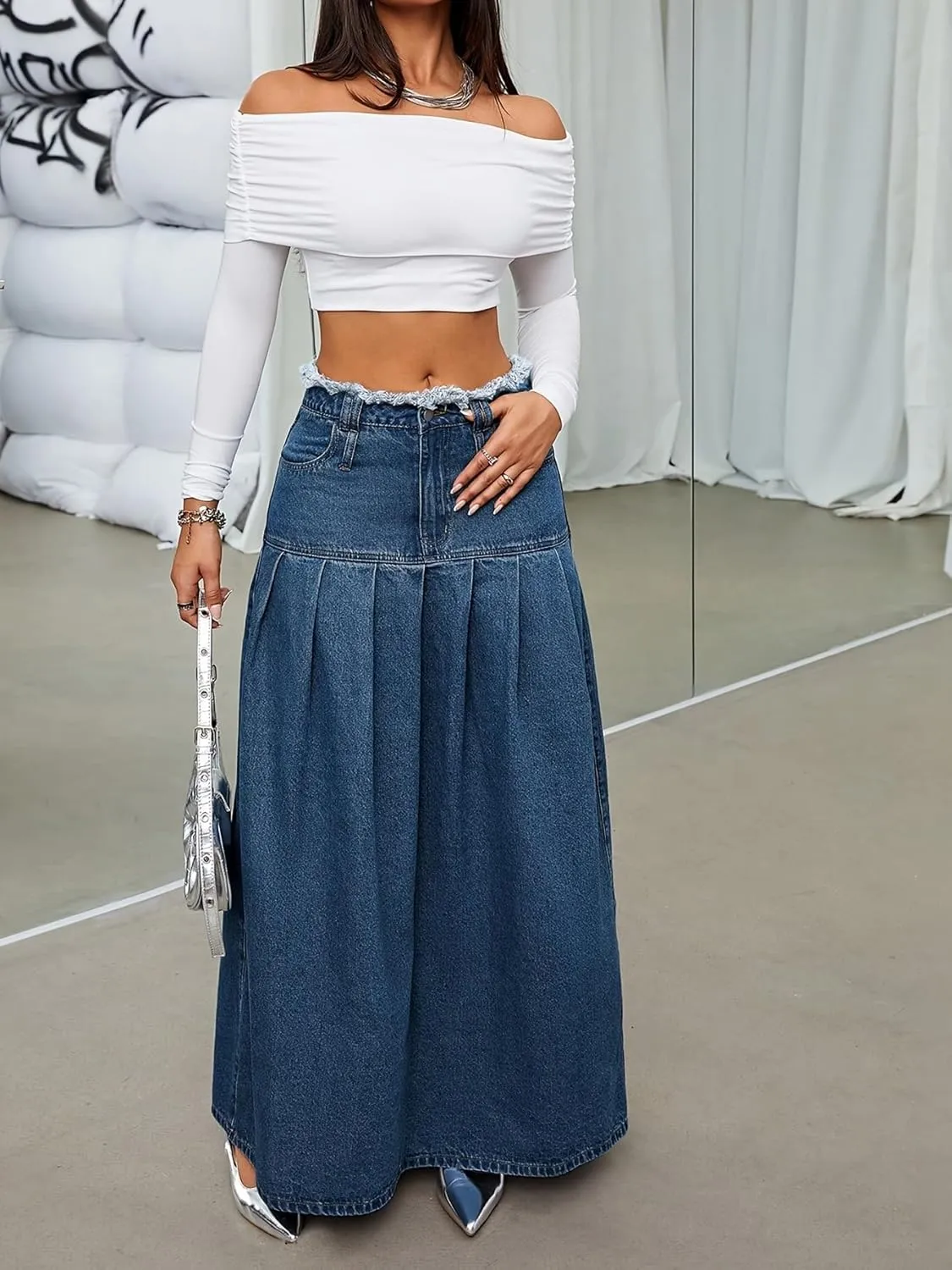 chouyatou Women's Summer Casual Flared High Waist Long Jean Skirt Pleated A-Line Maxi Denim Skirt