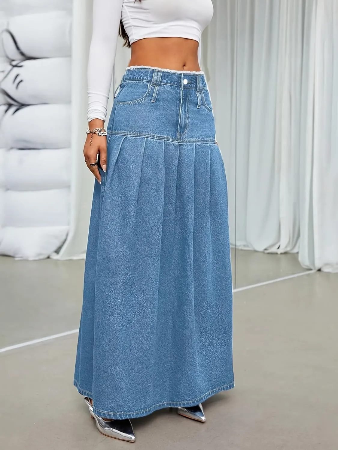 chouyatou Women's Summer Casual Flared High Waist Long Jean Skirt Pleated A-Line Maxi Denim Skirt