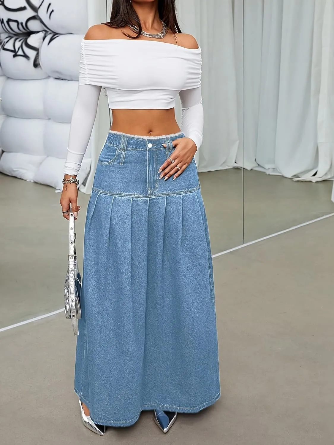 chouyatou Women's Summer Casual Flared High Waist Long Jean Skirt Pleated A-Line Maxi Denim Skirt