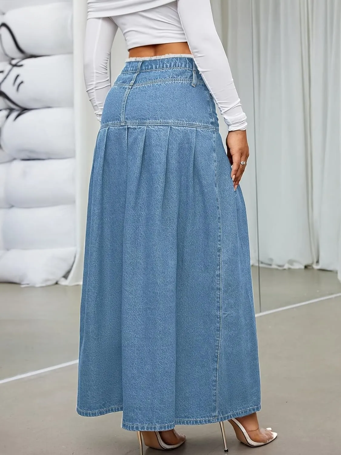 chouyatou Women's Summer Casual Flared High Waist Long Jean Skirt Pleated A-Line Maxi Denim Skirt