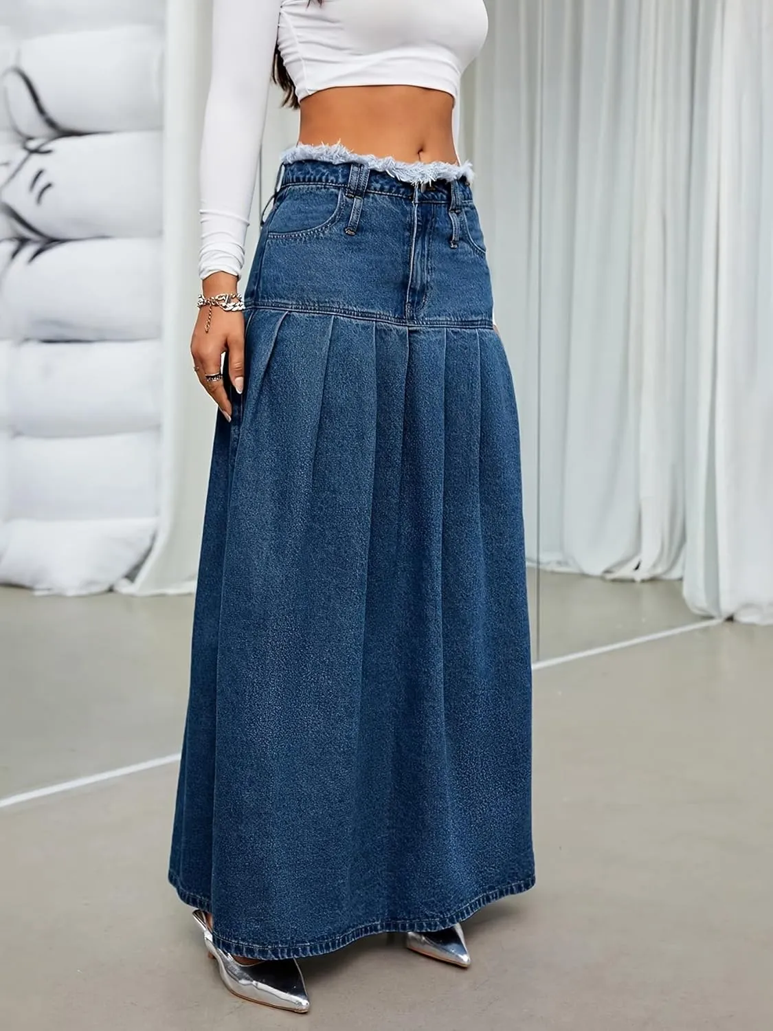 chouyatou Women's Summer Casual Flared High Waist Long Jean Skirt Pleated A-Line Maxi Denim Skirt