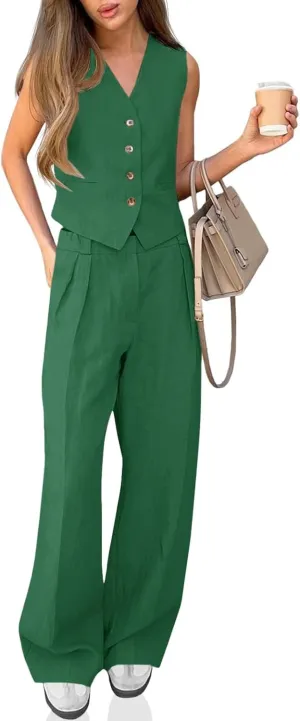 Cicy Bell Women's 2 Piece Outfits Crop Vest and Wide Leg Suit Pants Sets V Neck Blazer Suit