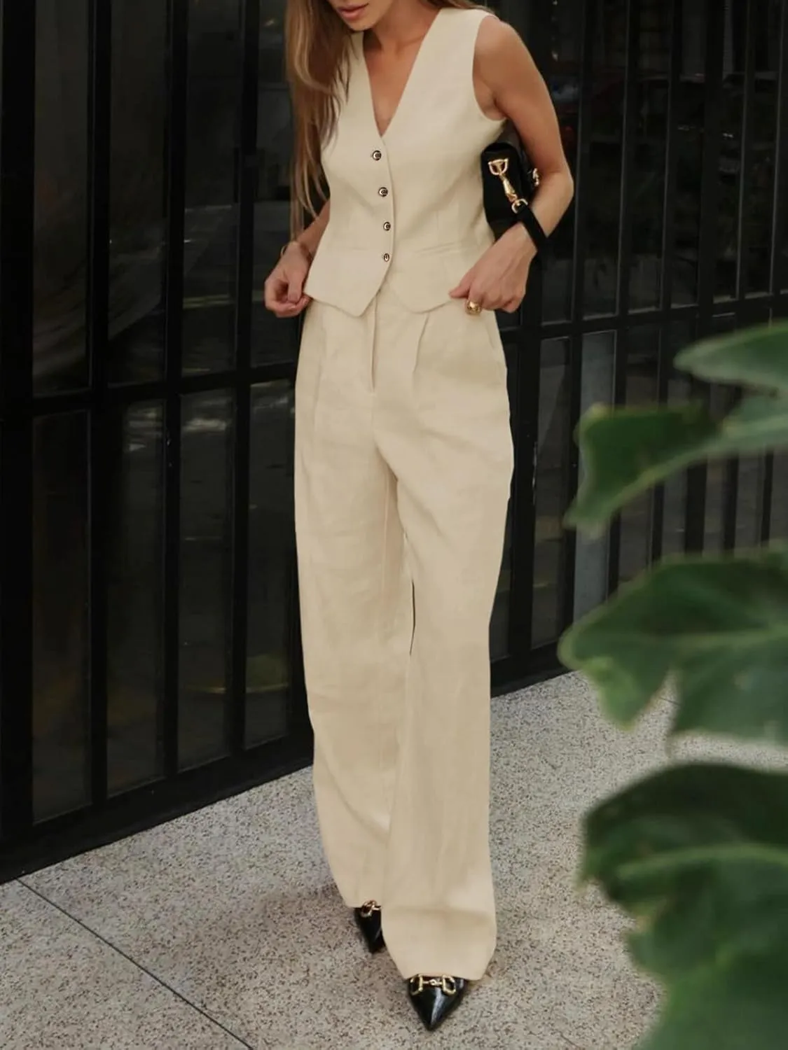 Cicy Bell Women's 2 Piece Outfits Crop Vest and Wide Leg Suit Pants Sets V Neck Blazer Suit