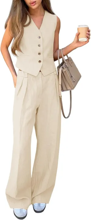 Cicy Bell Women's 2 Piece Outfits Crop Vest and Wide Leg Suit Pants Sets V Neck Blazer Suit