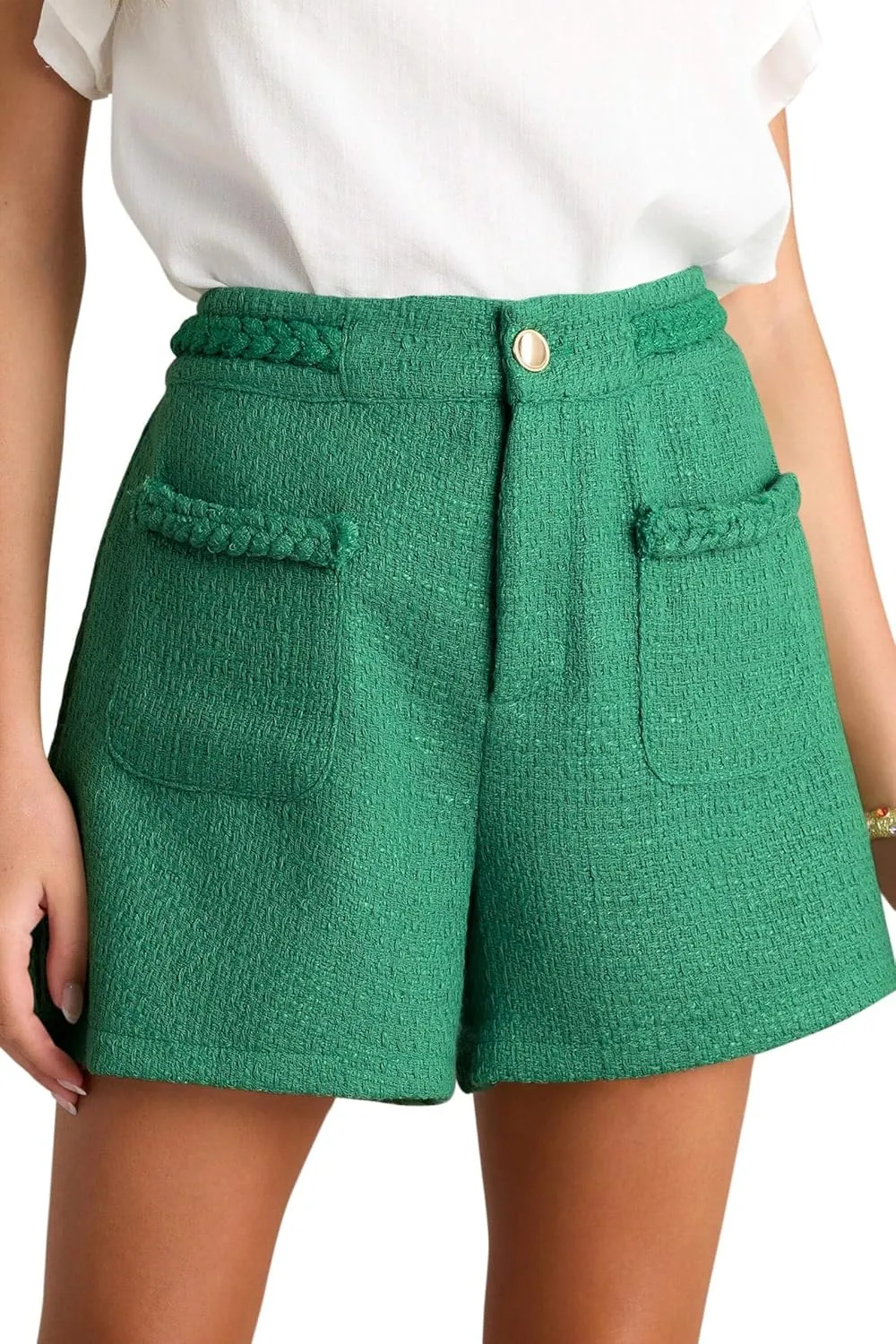 Cicy Bell Womens Tweed Summer Shorts High Waisted Wide Leg Dressy Casual Shorts with Front Pockets (US, Alpha, XX-Large, Regular, Regular, Green)