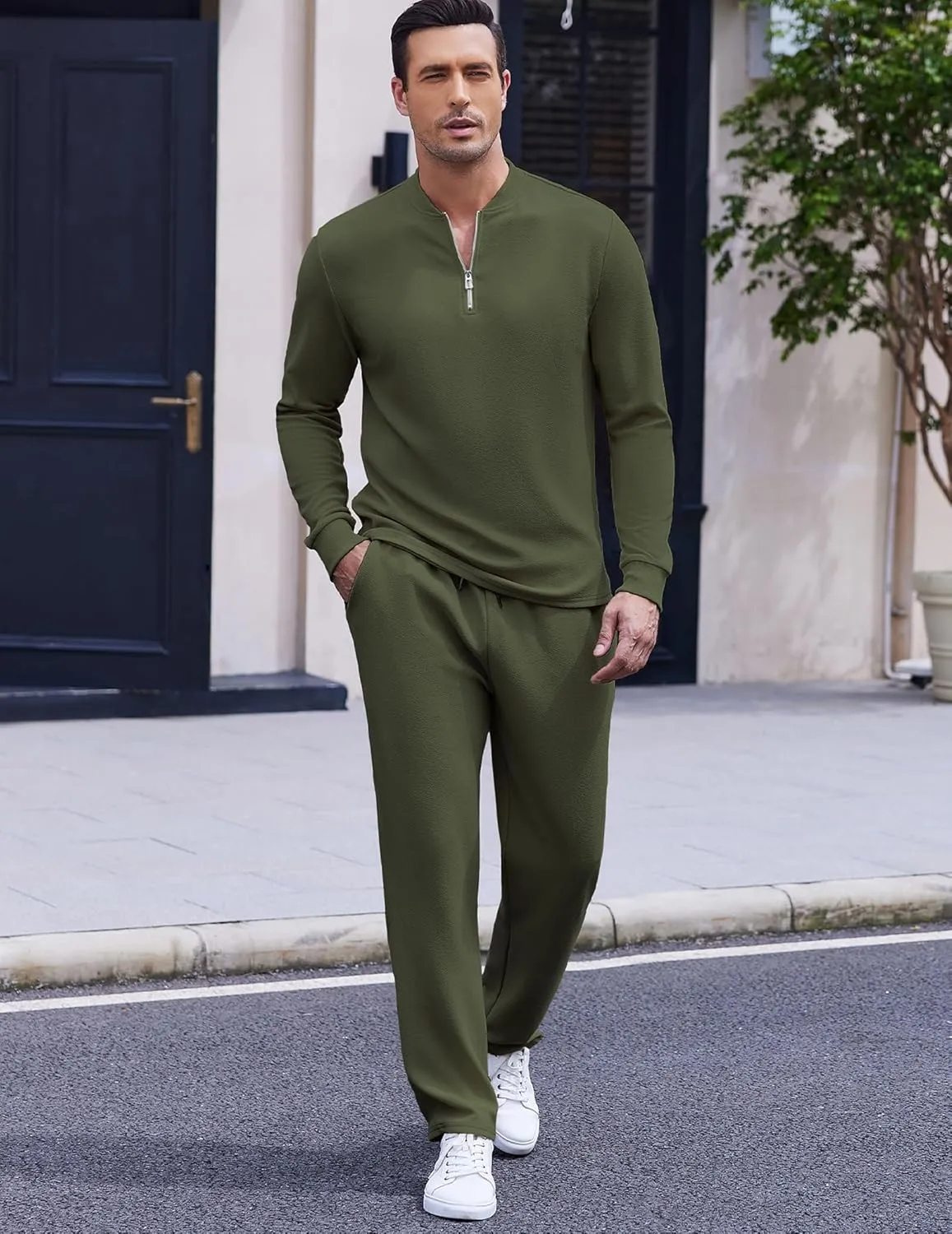 COOFANDY Men's 2 Piece Tracksuit Set Polo Athletic Sweatsuit Quarter Zip Jogging Long Sleeve Casual Sports Outfits