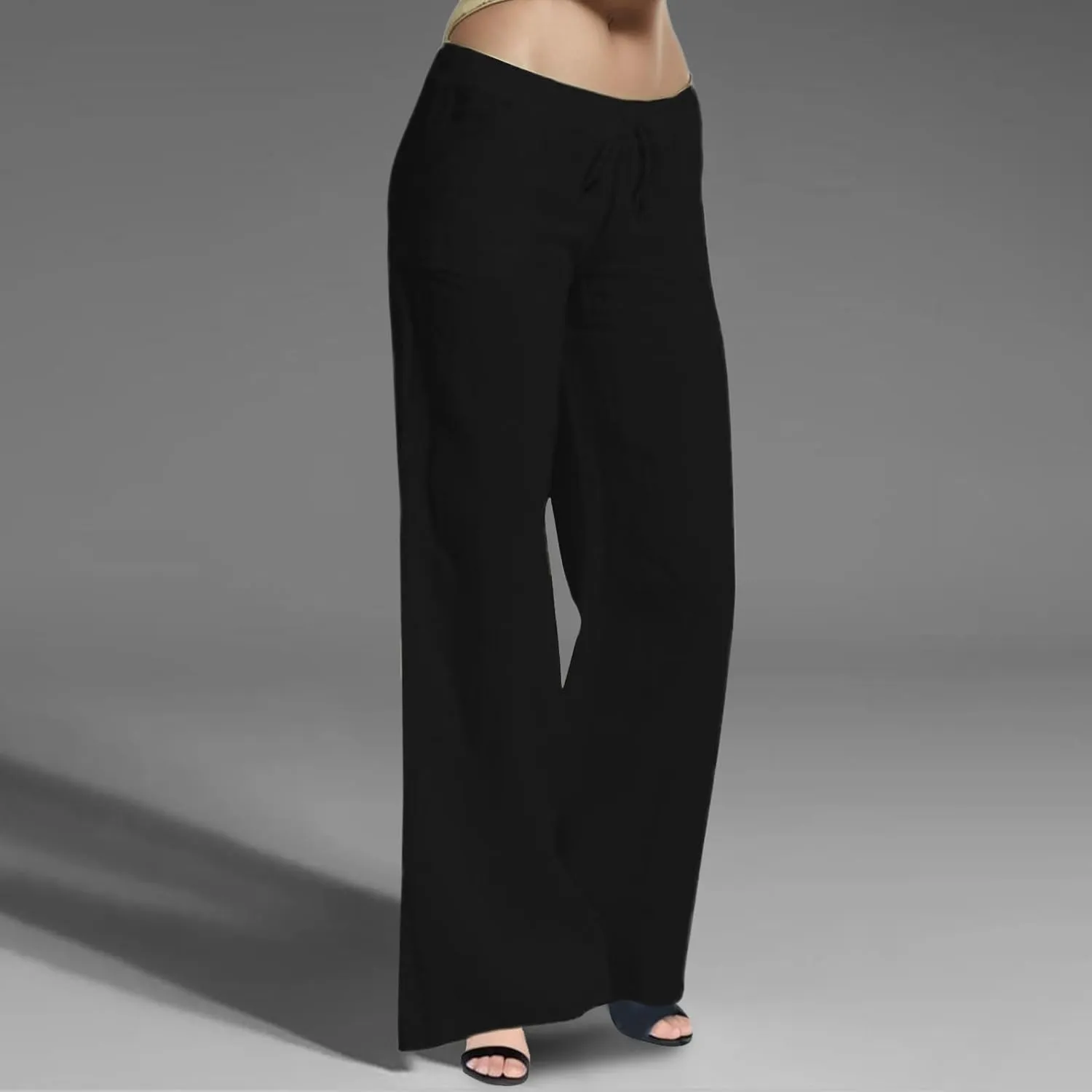 Cotton Linen Pants for Women Casual Drawstring Self-tie High Waist Fashion Loose Fit Beach Trousers with Side Pockets