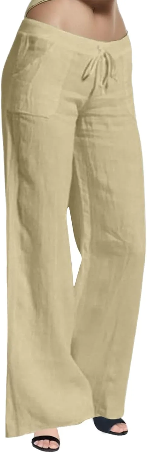 Cotton Linen Pants for Women Casual Drawstring Self-tie High Waist Fashion Loose Fit Beach Trousers with Side Pockets